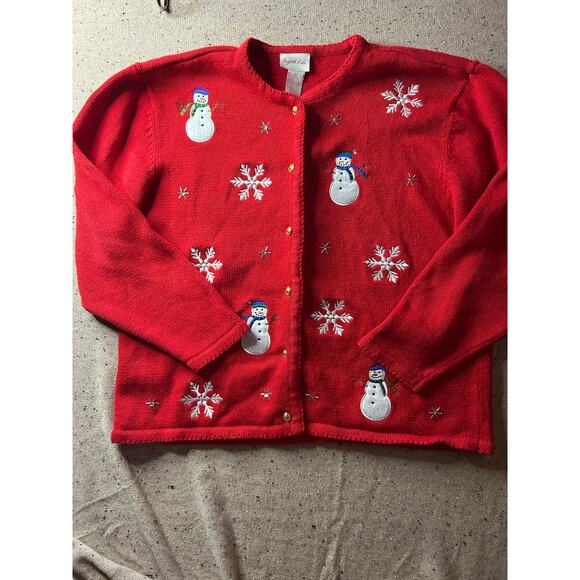 Crystal Kobe Red Snowman Sweater Large Ramie Cotton Button Up Holiday Vintage - Picture 1 of 7